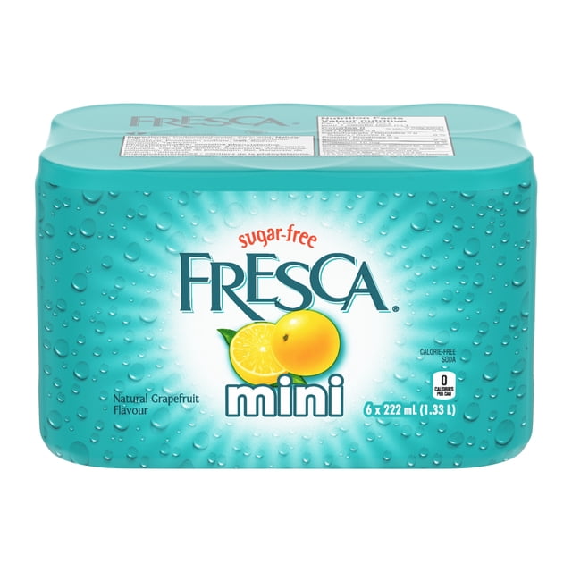 Fresca 222mL Can x 6 pack of sugar-free, calorie-free sparkling soda with natural grapefruit flavour in turquoise mini cans featuring water droplets and citrus fruit graphics, each can containing 222 mL for a total of 1.33 L.
