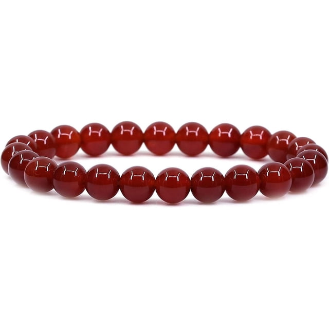 Bracelet Extensible en Perles Rondes de 8 mm en Pierre Précieuse d'Agate Rouge Naturelle, Cristaux de Guérison, 7 Pouces, Unisexe. Comprend des Perles d'Agate Rouge Polies avec une Finition Lisse, Enfilées sur un Cordon Extensible. Fait à la Main, Convient aux Peaux Sensibles, et Livré avec une Pochette. Chaque Bracelet Est unique en Raison des variations de Pierre Naturelle.