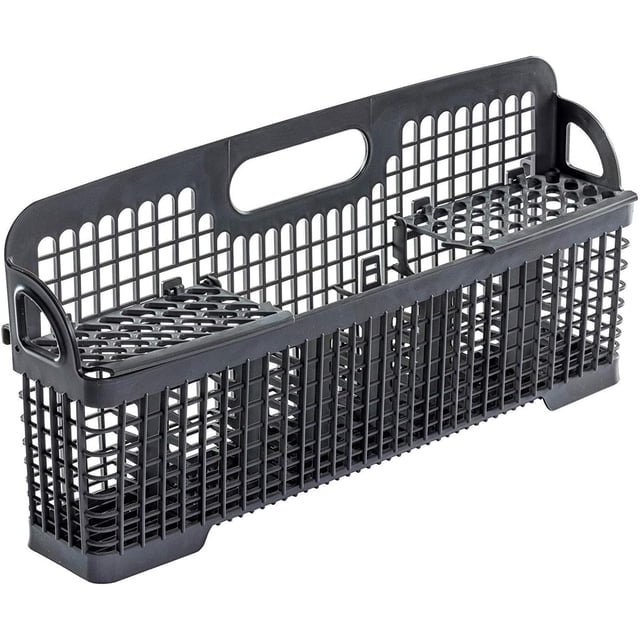 QRInnovations 8531233 silverware basket compatible with Whirlpool and Kenmore dishwashers. The basket is made of durable material, features a grid design for holding utensils, and measures 19.25 inches wide, 9 inches high, and 4 inches deep. It includes a handle for easy removal and placement in the dishwasher.