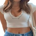 thumbnail image 1 of Women V Neck Crop Tops Summer Slim Fit Short T Shirt Short Sleeve Patchwork Ribbed Stretchy Navel Shirt, 1 of 5