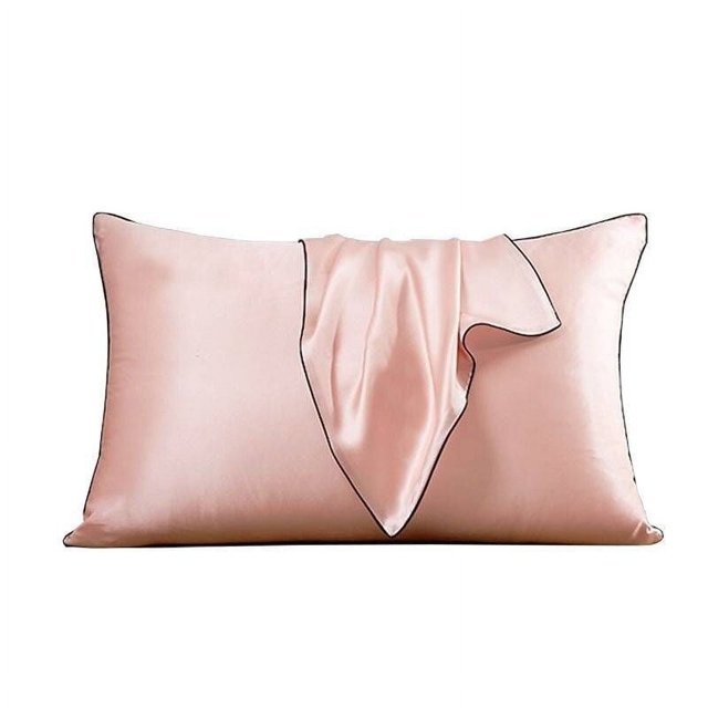 Lolmot Soft Pure Silk Pillowcase Covers Silk Anti-Ageing Beauty 1pc in a light pink colour with black piping, featuring a smooth and luxurious texture. This hypoallergenic silk pillowcase measures 48cm x 74cm and has an envelope opening design without a zipper. Perfect for bedding, it helps maintain hair and skin health, fights wrinkles, and offers a soft, temperate feel suitable for all weather conditions.