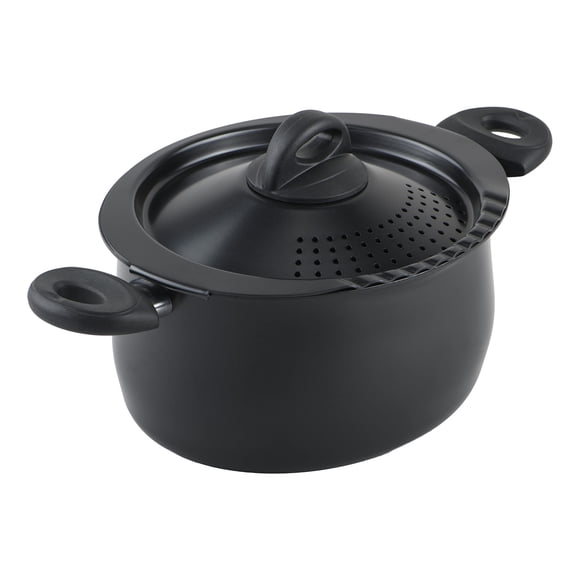 Bialetti 5.5-Quart Nonstick Aluminum Pasta Pot with Strainer Lid and Handles, PFOA-Free Nonstick Oval Cooking Pot and Lid, Black