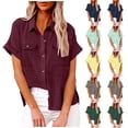 thumbnail image 2 of fheaev Button Up Shirts For Women Roll Up Short Sleeve Button Down Cotton Linen T-Shirts With Pocket V-Neck Work Tunics Blouse Collared Tops, 2 of 9