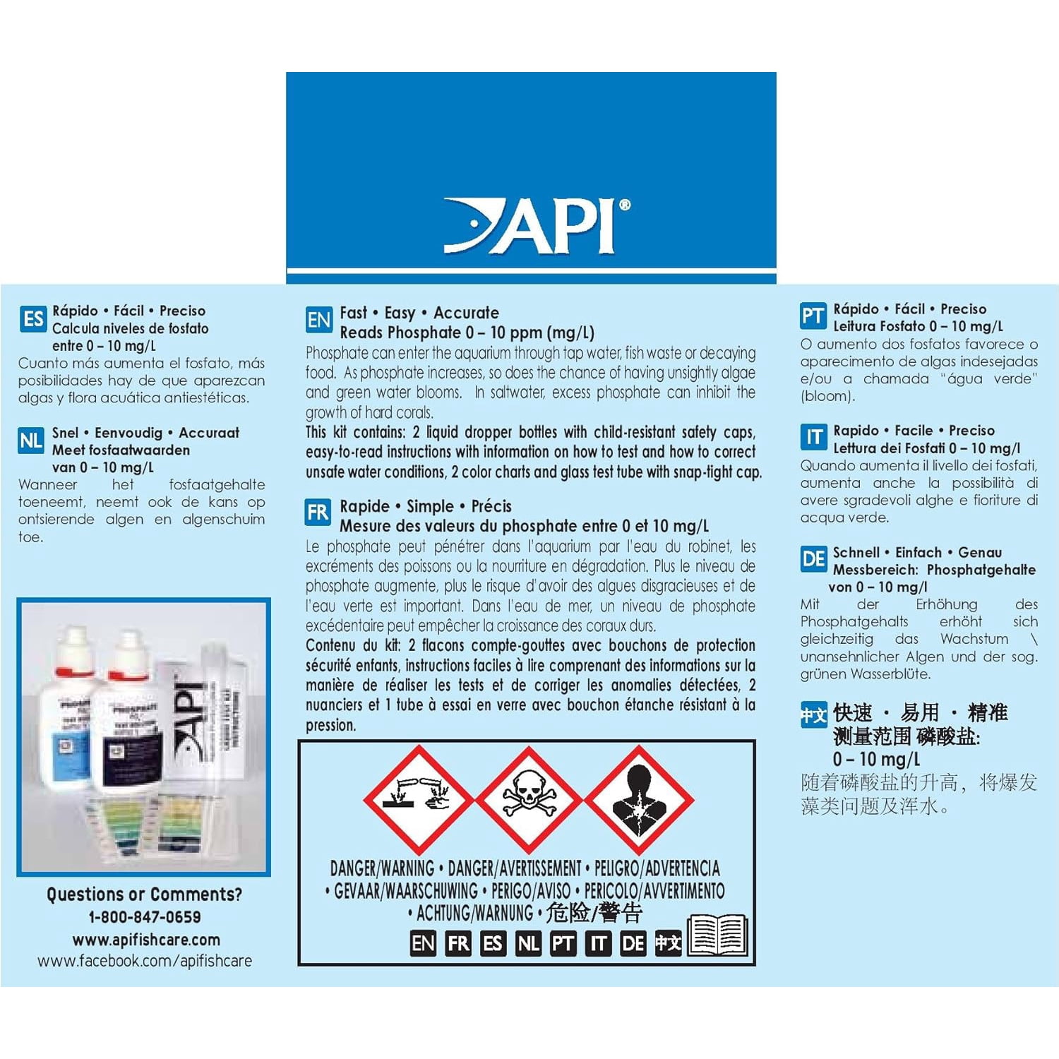 Kit de test de phosphate API pour aquariums d'eau douce et d'eau de mer (150 tests)