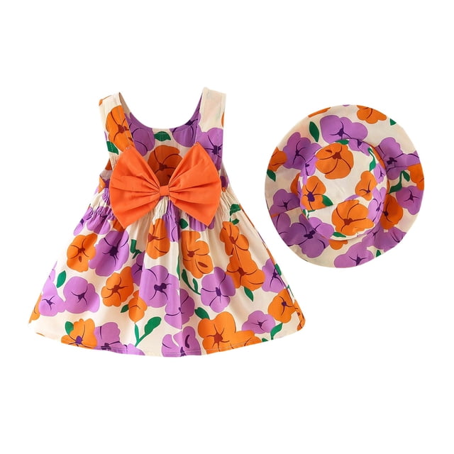 MIASHUI Ensemble de Robe d'Été pour Filles avec Nœud Floral et Chapeau de Paille Assorti pour Violet, 2-3 Ans