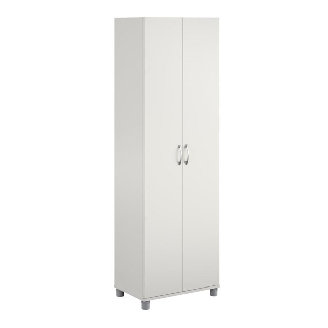 Systembuild Evolution Lory Armoire de Rangement Utilitaire 24 Pouces en Blanc avec un Haut design Rectangulaire, Deux Portes avant avec Poignées Argentées, Quatre Pieds Ajustables et construction en Panneau de Particules Laminé, Convient pour Organiser les Fournitures de Bureau Ou de Maison avec Ancrage Mural Inclus pour la Stabilité.