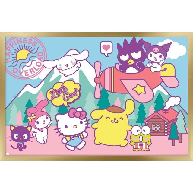 Hello Kitty and Friends - Affiche Murale Surcharge de Bonheur, 14,725 Pouces x 22,375 Pouces Encadrée, Représente Hello Kitty, My Melody, Pompompurin, Keroppi, Chococat, Cinnamoroll, Badtz-Maru et Kuromi dans une Scène de Dessin Animé Colorée avec des Montagnes, des Pins, une Cabane en Rondins et un Avion Rose. le design Présente une Bulle de Discours « Let's Go! » et un Emblème de Soleil « Surcharge de Bonheur », Convient pour Illuminer