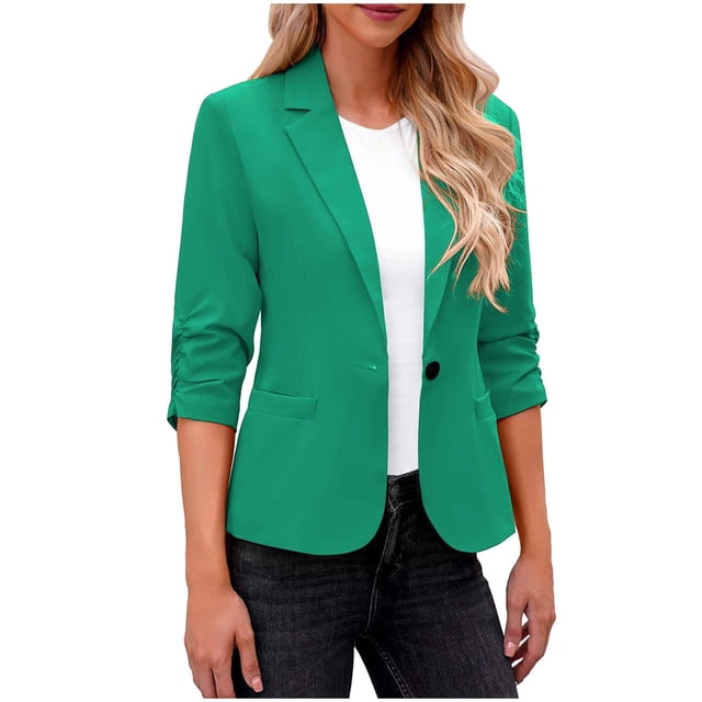 Timegard Formal Jackets for Women 3/4 Sleeve Ruched Solid Color Work Business Casual Blazer Suit Jackets