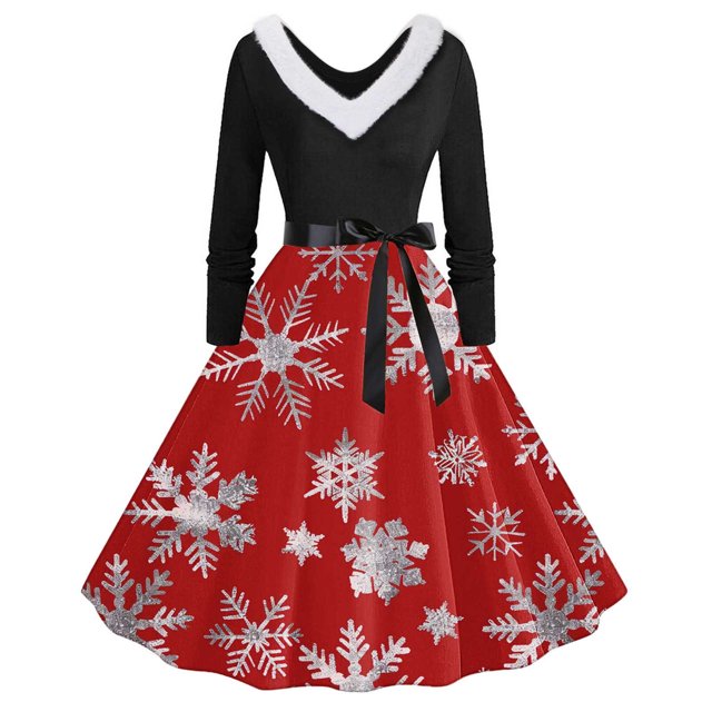 TIMIFIS Robes de Noël pour Femmes Imprimé de Noël Laid Robes Ligne A Robe de Bal Col en V Manches Longues Plissée Rétro