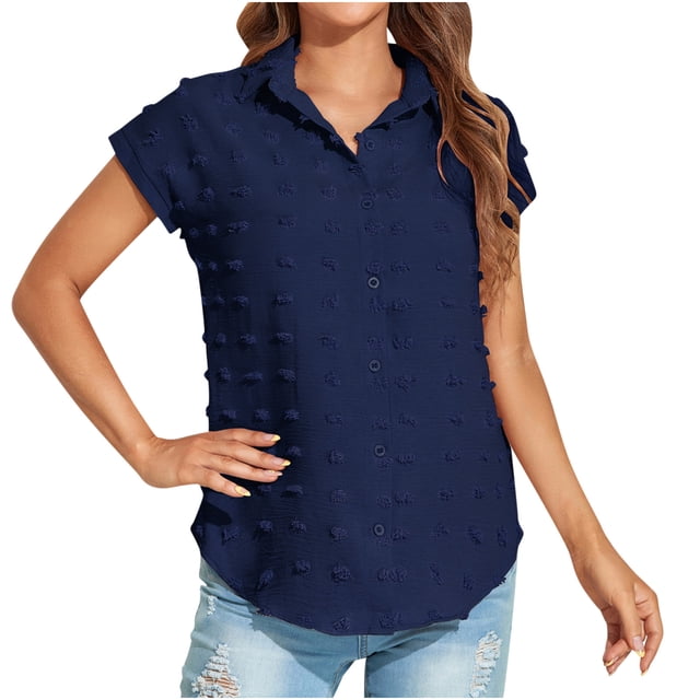 Hauts pour Femmes Décontractés d'Été à Manches Courtes Légers de Couleur Unie Tendance T-Shirts Courts Dames à Col Rond Blouses (Grand, Marine)