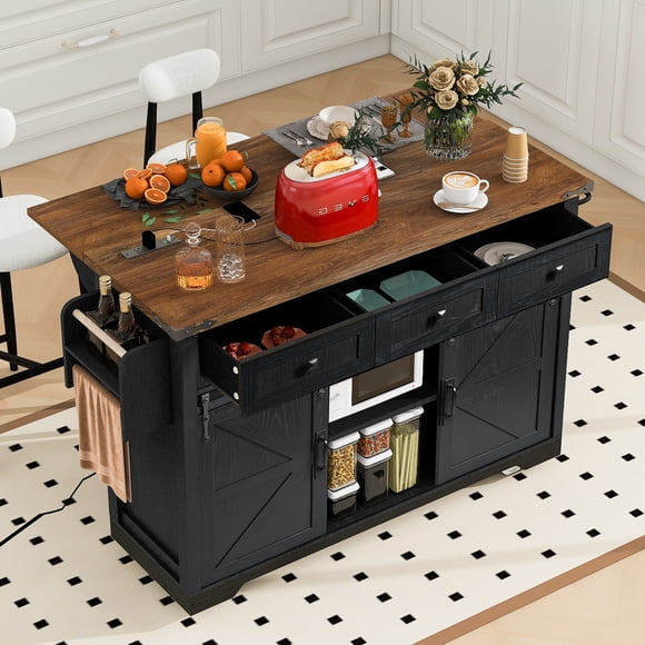 Euroco Farmhouse Kitchen Island with Power Outlet, 2 Sliding Barn Door, Kitchen Storage Island with Drop Leaf, Spice Rack, Rolling Kitchen Cart with Wheels, Black