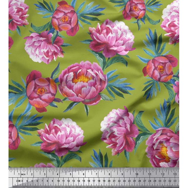 Soimoi Green Silk Fabric Leaves & Floral Decor Fabric Printed BTY 42 Inch Wide