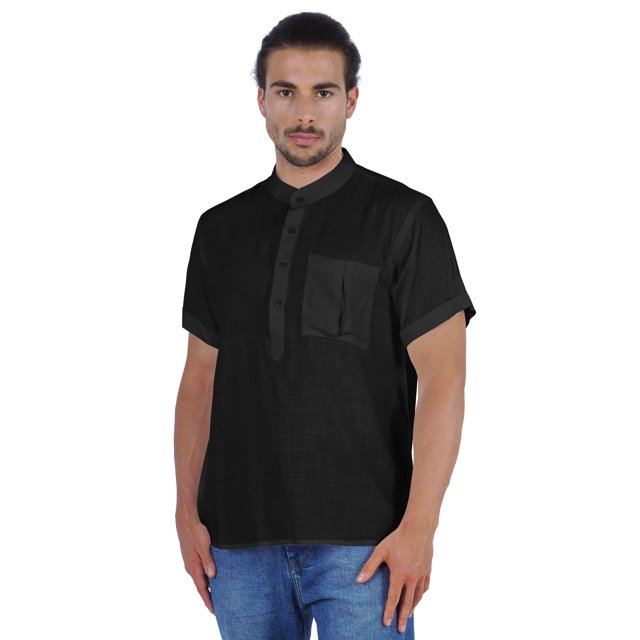 Atasi Short Kurta Mandarin Collar Tee Solid Short Sleeve Henley Shirt With Pocket