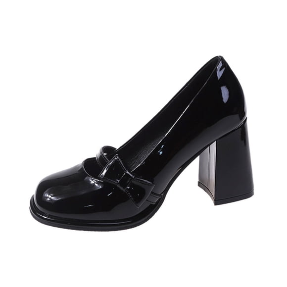 Womens Mary Jane Shoes Bow Vintage Square Toe Dress Shoes Chunky Mid Heel Oxford Shoes Slip on Pumps Black