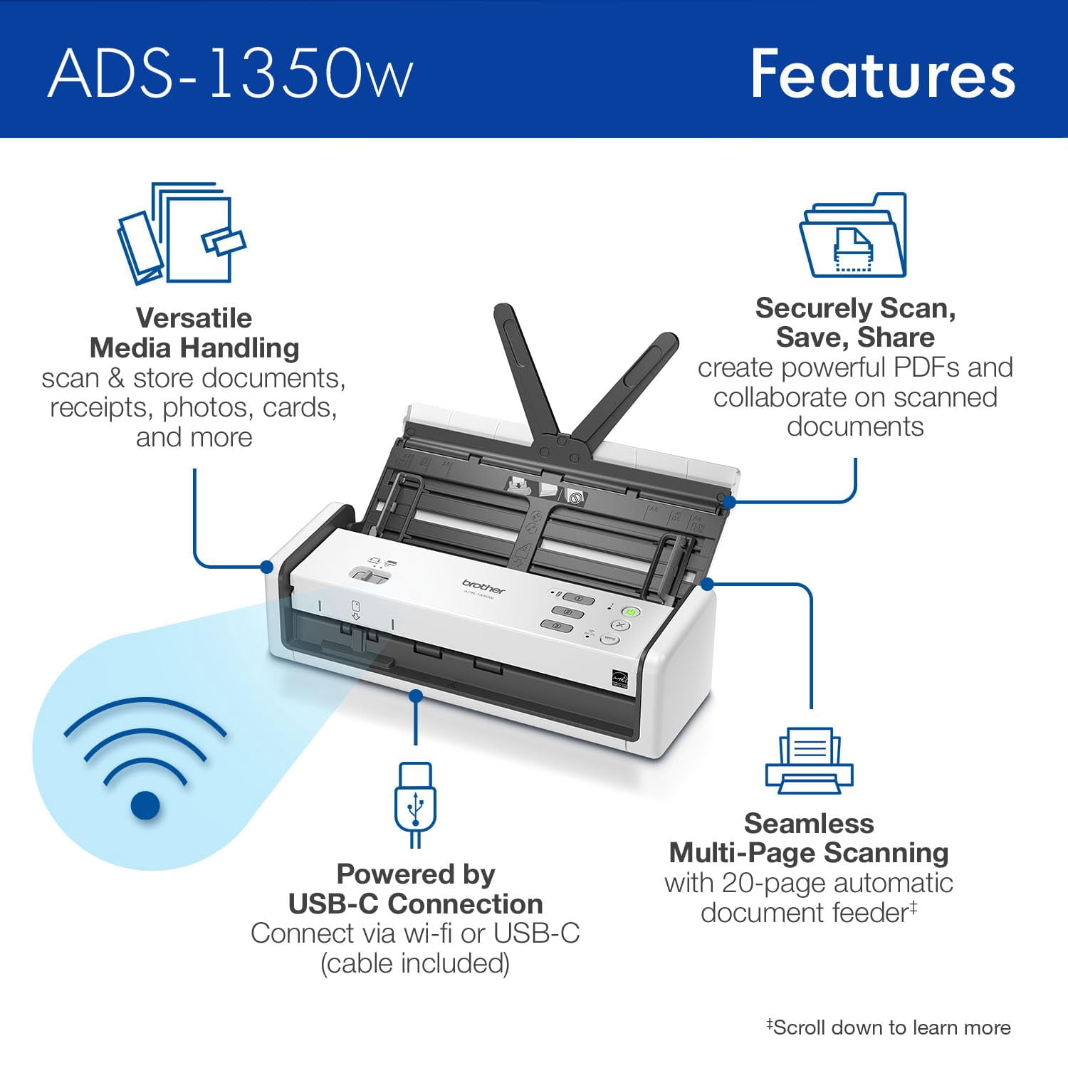 Brother ADS-1350W Wireless Compact Desktop Scanner for Easy Scanning by Small Businesses or Independent Users