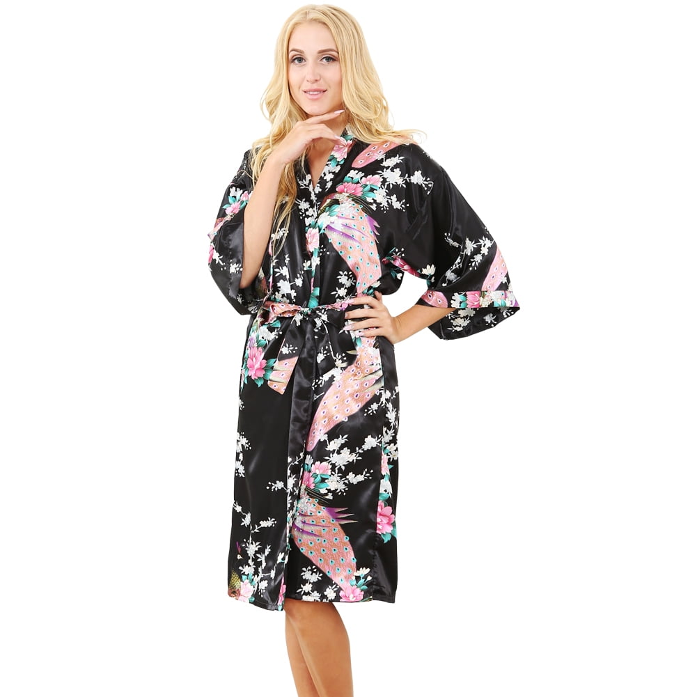 Mr & Mrs Right Women's Satin Kimono Robes,peacock Silk Bridesmaid Bathrobes,blossoms Dressing Night Gown,black M