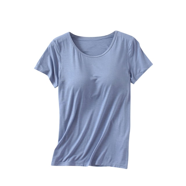 Yuyuzo T-Shirt pour Femmes Rembourré avec Soutien-Gorge Intégré à Manches Courtes Col Ras du Cou Hauts de Pyjama Grande Taille Haut de Yoga et d'Entraînement