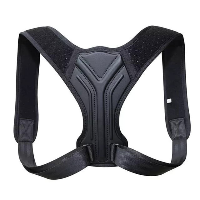 Posture Corrector Back Support, a black EVA foam back brace with hook and loop fasteners for adjustable posture correction. Ideal for back support at school or home, the breathable fabric ensures comfort without pilling or strangulation.
