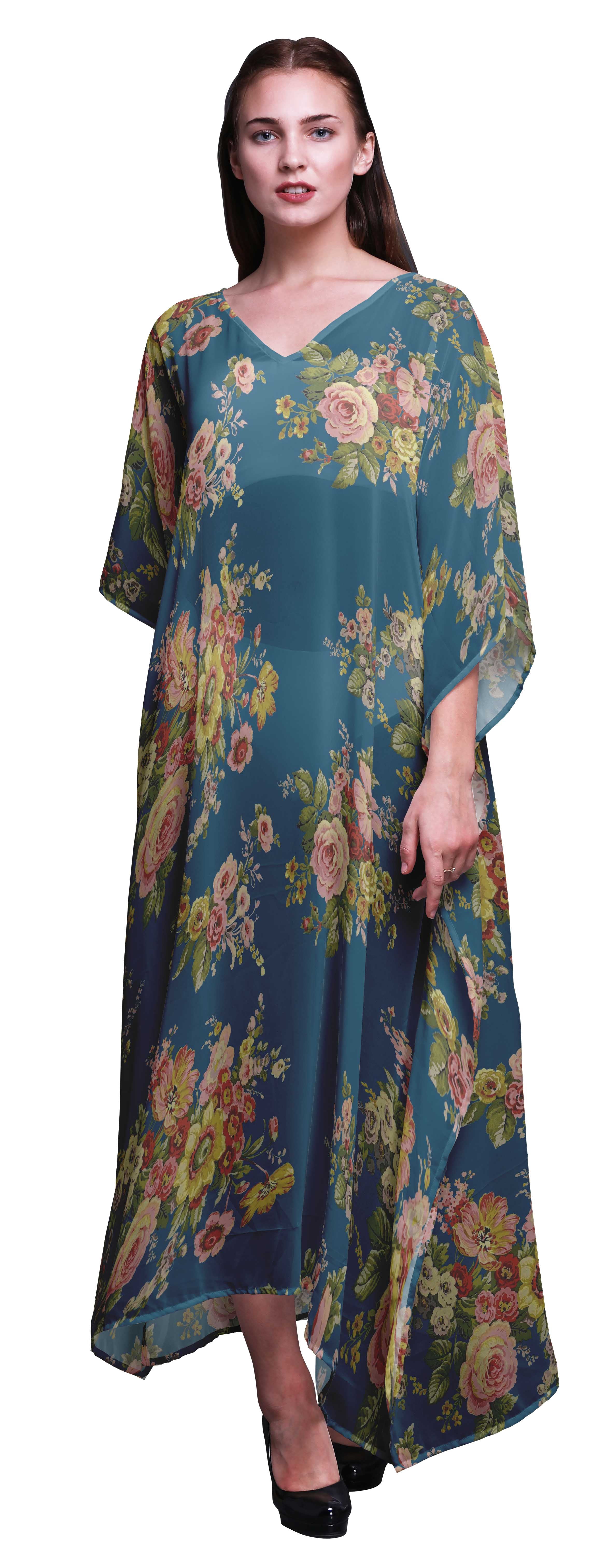 Bimba Kaftan Floral pour Femmes, Tenue d'Intérieur de Vacances, Robe Maxi, Couvre-Maillot de Plage-S-L