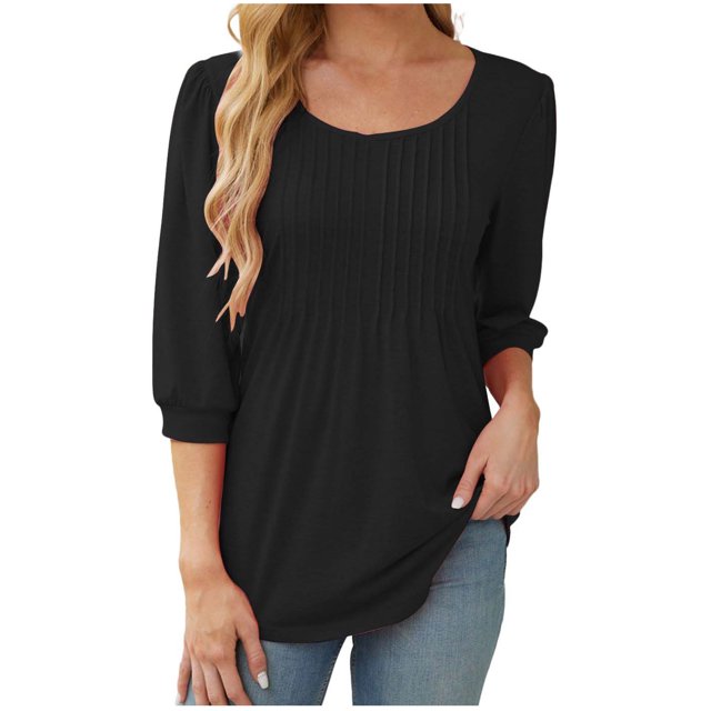 MeetoTime Womens Long Sleeve Shirts Fall Tops Casual Crew Neck Tunic Tops Pleated Comfy T-Shirts