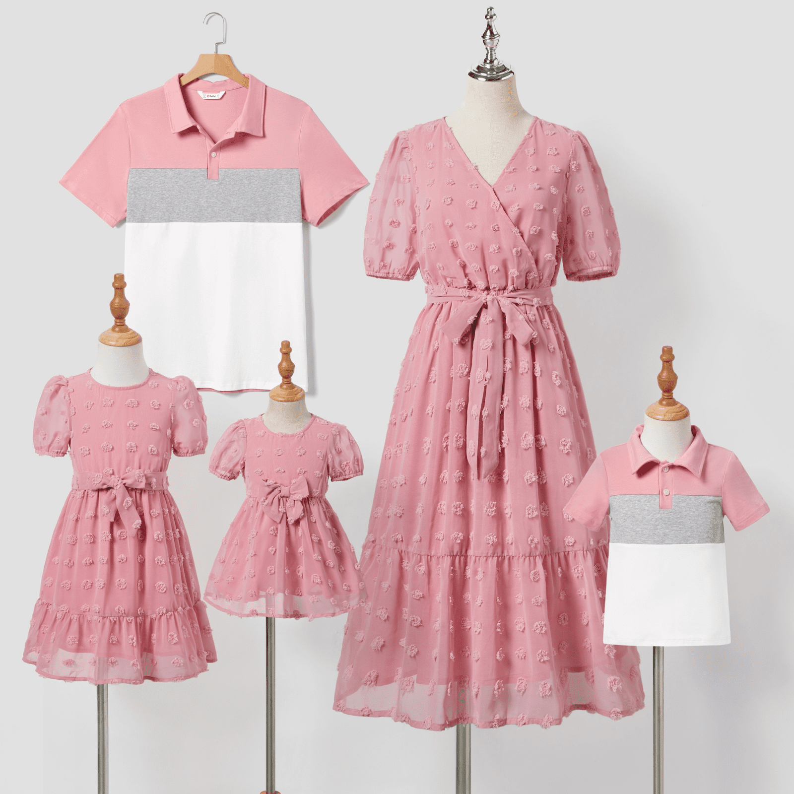 PatPat Family Matching Pink Set Solid Colorblock Polo collar Short-sleeve Shirt or Ruffle-sleeve Belted Dress
