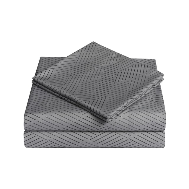 Mainstays Soft, Easy Care, Microfiber Sheet Set – Printed folded stack showing grey sheets with a black diagonal line pattern, made of wrinkle-resistant brushed microfiber fabric designed to fit mattresses up to 14 inches deep for easy care and comfort.