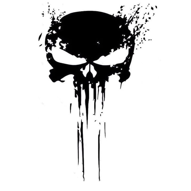 Punisher Skull Type Vinyl Car Decals Stickers with a striking black skull design featuring dripping effects, made of durable PET material. Ideal automotive decals for cars, motorcycles, laptops, and windows. Dimensions: 15 x 10 cm.