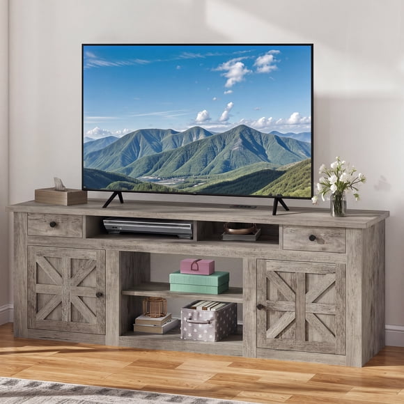 DEXTRUS Meuble Télé Style Ferme de 70 Pouces, avec Prise de Courant Intégrée, Centre de Divertissement avec Armoires de Rangement et Étagères Ouvertes pour Téléviseurs jusqu'à 80 Pouces, Gris Délavé