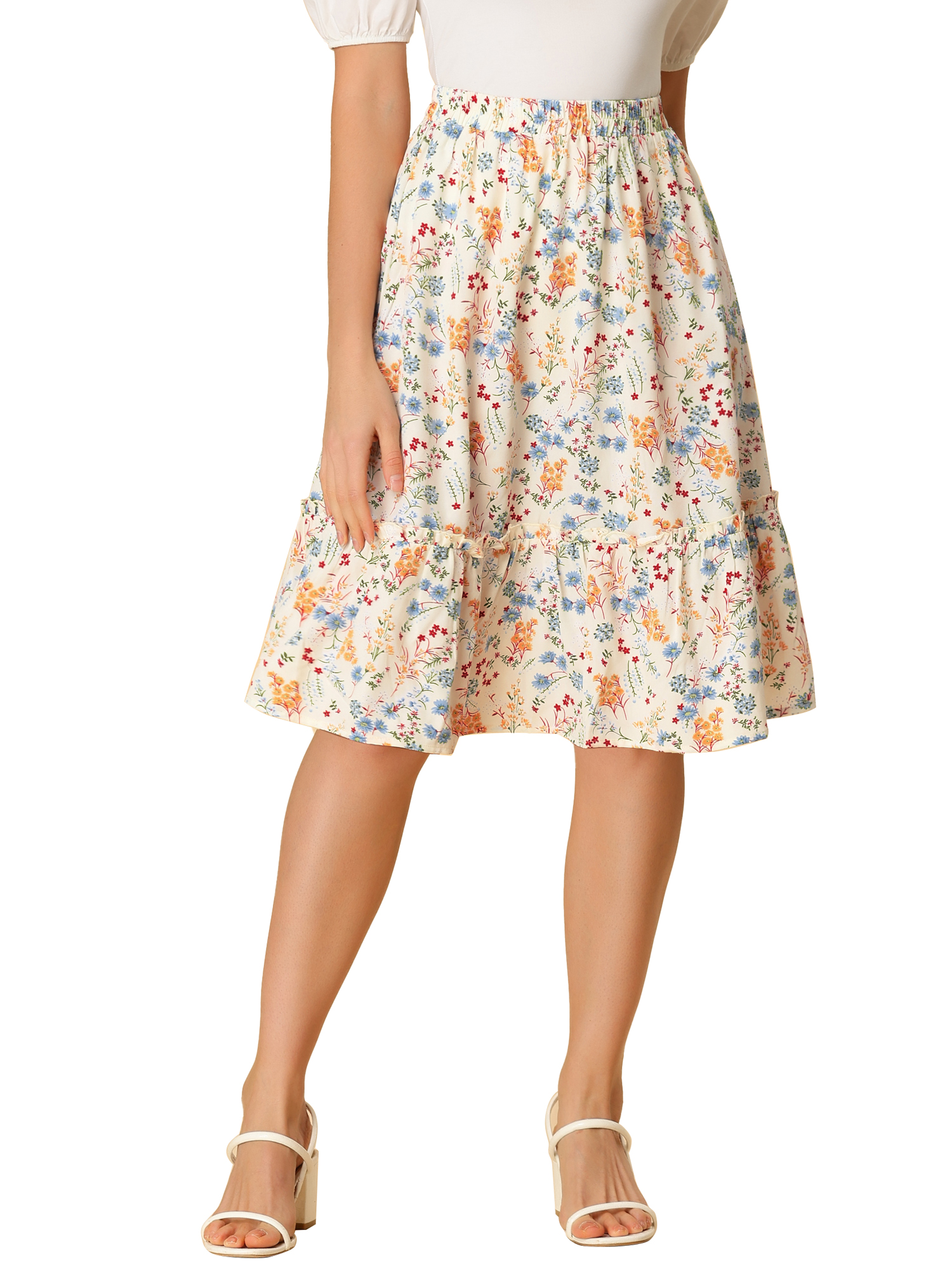 Unique Bargains Women's Ruffle Hem Tiered A-Line Floral Midi Skirt White S