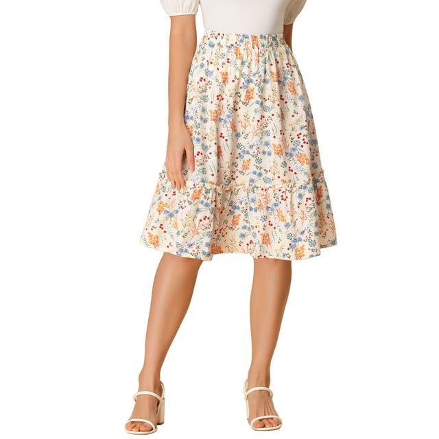 Unique Bargains Women's Ruffle Hem Tiered A-Line Floral Midi Skirt White S