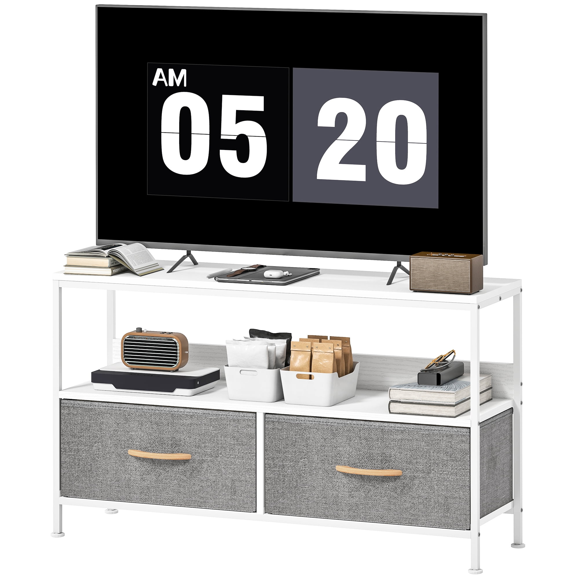 CoSoTower TV Stand with Charging Station, TV Table with 2 Foldable Linen Drawers and Open Shelf for 47 Inch Television, White