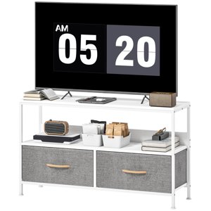 CoSoTower TV Tenez-vous avec la station de recharge, TV Tableau avec 2 Tiroirs en lin pliables et plateau ouvert pour 47 Télévision de pouce, blanc
