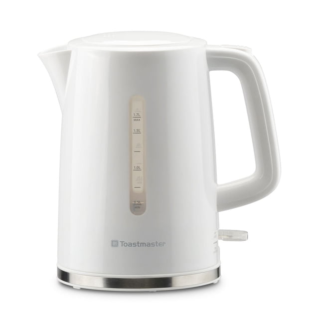 Toastmaster 1.7L Plastic Kettle in white with a smooth cylindrical body, featuring a full-view water window marked from 0.5L to 1.7L, a large ergonomic handle, a stainless steel 360-degree swivel base, and an illuminated power switch lever on the side, ideal for quickly boiling water for tea, coffee, or instant meals.