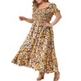 thumbnail image 4 of GRACE & GRANDEUR Robe Maxi Bohème à Fleurs pour Femme Grande Taille, Manches Courtes, Encolure Carrée, Smockée, 2X Jaune, 4 of 6