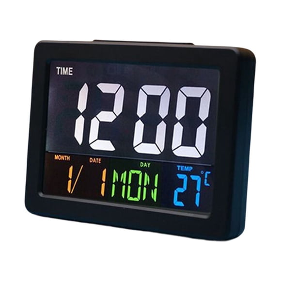 Colorful LCD Alarm Clock with Thermometer Table Indoor Outdoor Supplies Bedside Alarms Date Temperature Meter Electronic Watch Bell Home Black