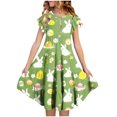 thumbnail image 1 of Robe de Pâques pour Filles, Robe d'Été Imprimée à Manches Courtes avec Poche à Volants et Col Rond, Jupe à Volants et Détail d'Épaule pour Enfants de 6 à 15 Ans, 1 of 5