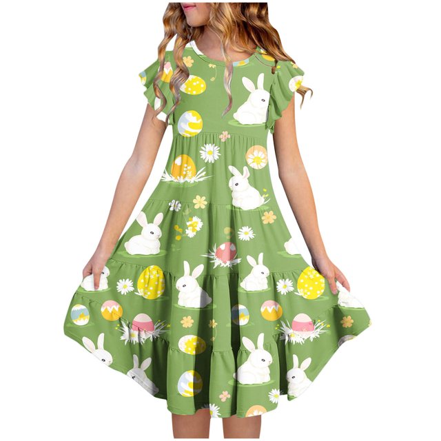 Robe de Pâques pour Filles, Robe d'Été Imprimée à Manches Courtes avec Poche à Volants et Col Rond, Jupe à Volants et Détail d'Épaule pour Enfants de 6 à 15 Ans