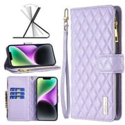 iPhone 14 Wallet Case Premium Handmade PU Leather Phone Case Card Slots Magnetic Closure Zipper Pocket Kickstand Flip Case with Hand Strap for iPhone 14 - Purple