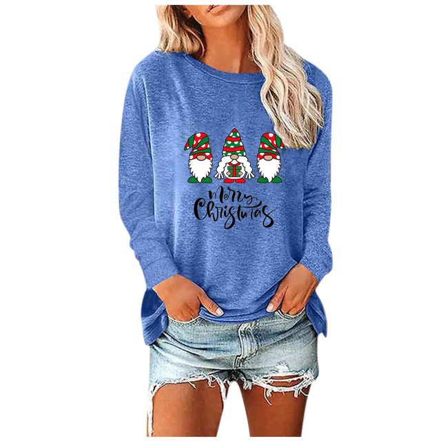 Womens Round- Neck Christmas Printing Recreational Long Sleeve Tops