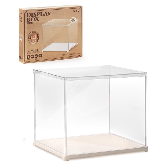 Rolife one Display Box Dust Proof for All Miniature House Dollhouse Decor Kid Gift,Plastic. A transparent plastic display box with a beige base, designed to protect DIY tiny houses from dust. Suitable for DGXX series miniature houses, excluding DG12 models. The box is stackable up to six units and comes with quick assembly features. The packaging is shown in the background.