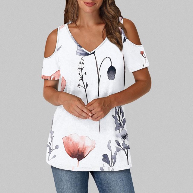 Soki T-Shirt à Épaules Dénudées pour Femmes Liquidation Blouses Manches Courtes Col en V Hauts à la Mode