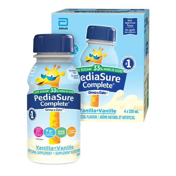 PediaSure Complete® à Teneur Réduite en Sucre, Supplément Nutritionnel, Vanille, 4x235 ml Bouteilles