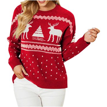 RKSTN Chandail de Noël Laid pour Femmes Mode Automne 2023 Chandails Tricotés à Manches Longues Imprimés de Noël Chandail Col Rond Décontracté Hauts