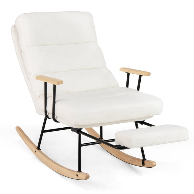 Costway 1 PCS Chaise Berçante pour Chambre de Bébé avec Dossier Réglable à 5 Niveaux et Repose-Pieds Rétractable. Cette Chaise Berçante Blanche Présente un Rembourrage en Velours teddy Peluche, un Dossier Haut et un Siège Rembourré pour un Confort Ergonomique. la Chaise Comprend un Repose-Pieds Rétractable et des Pieds Courbés en Bois de Caoutchouc avec des Coussinets en Feutre Antidérapants pour une Expérience de Balancement Fluide. Convient aux Chambres de Bébé, aux Salons et aux Chambres.