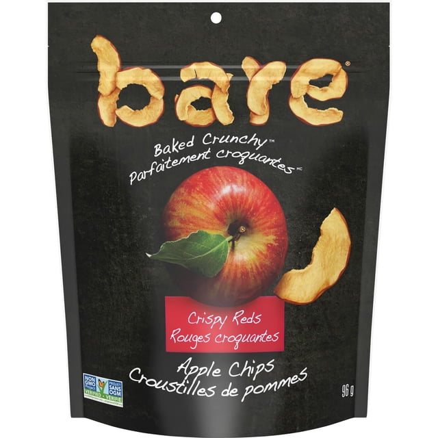 Bare Crispy Reds Apple Chips in a black resealable 96 g bag featuring a red apple with a green leaf and a bitten apple chip, emphasizing baked crunchy texture and Non-GMO Project Verified gluten-free fruit snack.