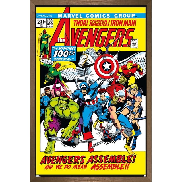 Marvel Comics - Avengers #100 Wall Poster, 22.375" x 34" featuring a vintage comic book cover with Avengers superheroes including Captain America holding his shield, Thor wielding his hammer, Iron Man in red and yellow armor, Hulk in green, Hawkeye with bow, and others in dynamic action poses on a bright yellow background with bold red text 'Avengers Assemble! And we do mean Assemble!!' framed in wood, ideal for home décor or collector display.