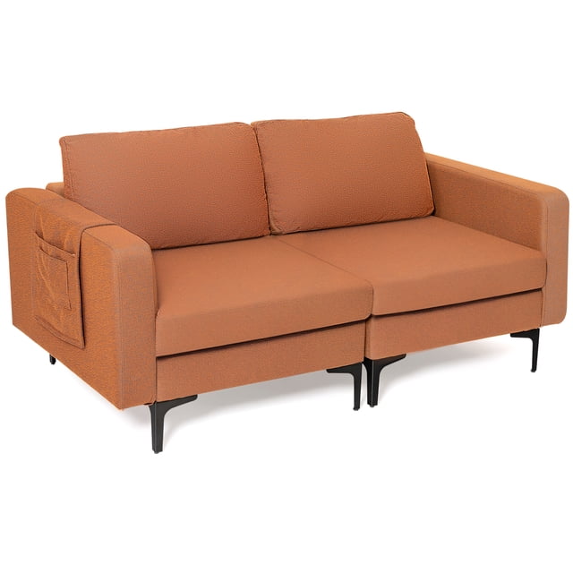 Costway Causeuse Moderne en Tissu de Lin Canapé 2 Places avec Pochette de Rangement Latérale Orange