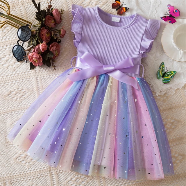 Offre à Durée Limitée Iumwxz Tunique en Tulle Colorée Évasée Robe d'Été avec Ceinture Robes Col Rond à Blocs de Couleur Graphique Robe à Manches à Volants pour Adolescentes Robes Tendance pour Aller Magasiner 1-6 Ans