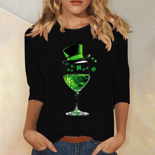 Meichang Chandails pour Femmes Heureux St Patricks Day Hauts Chanceux T-Shirts Graphiques Manches 3/4 Décontractés Col Rond Chandails Chanceux Irlandais Hauts