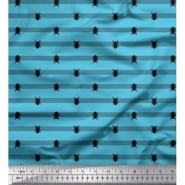 Soimoi Tissu Crêpe polyester Bleu à Rayures et Imprimés d'Insectes Coléoptères au Mètre 52 Pouces de Large